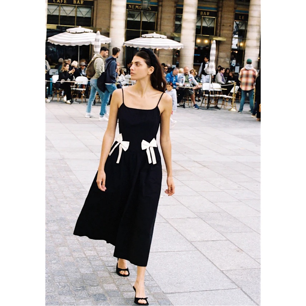 Ciao Lucia Black Maxi Dress with Cream Bow Accents